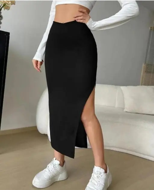 Trendy Stylish Side Cut Cotton Black Skirt For Women