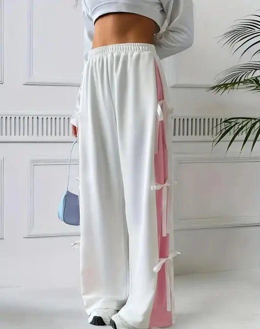 New Sweet Bowknot High Waist Slim Casual Straight Leg Pants } White