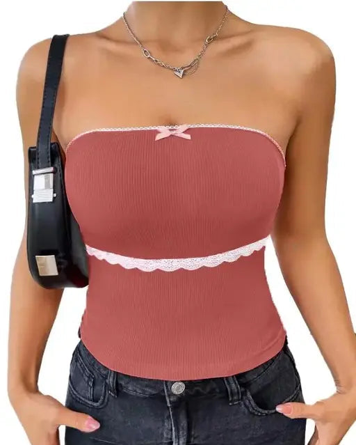 Solid Women Lace Detailed Bow Front Tube Top