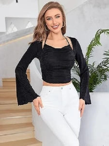 Ladies Street Style Casual Cute Crop Top Draped Front Ruched Halter Neck Trumpet Sleeve Black Crop Tee