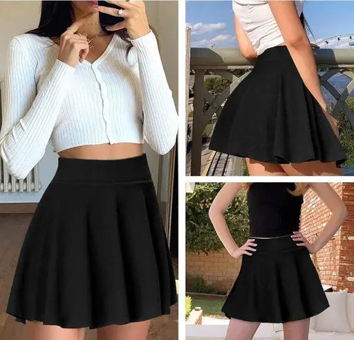 DM MALL Girl's/Women's Classic Stretchy All Time Trendy Skater Skirt with Attached Inner Shorts and Flared Inskirt (Black)